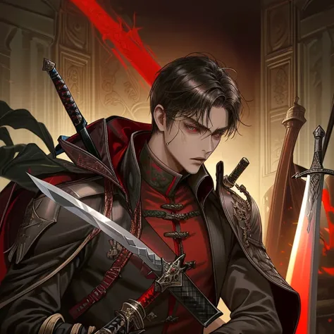 A tan man wearing assassin clothes with a mask on his face and a sword on his back and carrying a dagger. He has with sharp red brown eyes and black hair