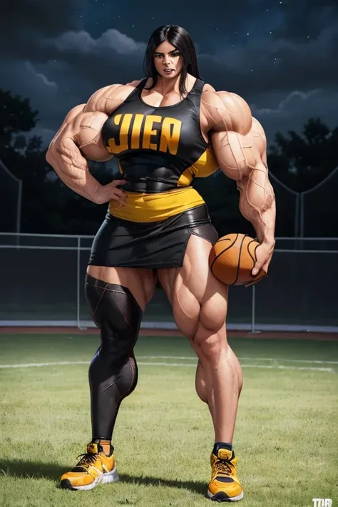 (((((Massive, tall, beautiful, light brown skinned, buff, muscular woman with jet black hair, black lipstick, ginormous bulky muscles, staring at the sky and wearing a leather yellow basketball Jersey dress))))), (close view), (massive muscle), massive bic...