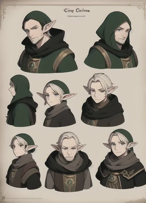 Several mature male elves, chibi, filthy, masterpiece, Best quality, very detailed, rpg portrait, Concept Sheet,