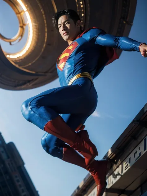 floating superman, full body shot, detailed foot, detailed head , details face, ultra detail ，  photorealistic , epic reality