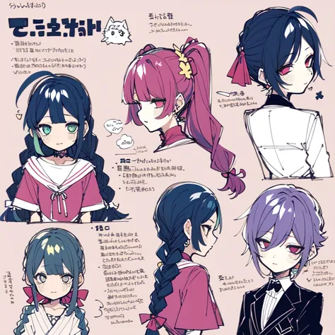 (character design sheet, same character, front, side, back), 2d anime style, anime mo art style, asexual, pink hair, long bangs,...