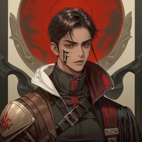 A tan man wearing assassin clothes with a mask on his face with sharp red brown eyes and black hair