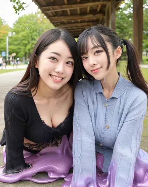 knitted sweater jacket，two similar sisters，（big boobs：1.2），cleveage，穿black underwear，black slime shapeshifter，looking at the aud...