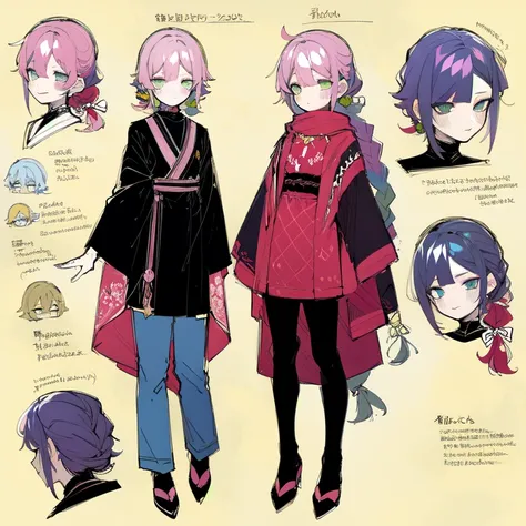 (character design sheet, same character, front, side, back), 2d anime style, anime mo art style, asexual, pink hair, long bangs,...