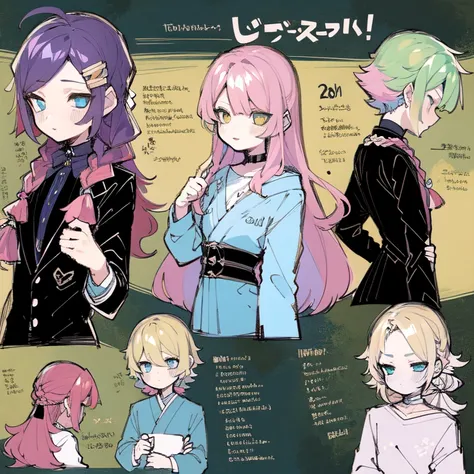 (character design sheet, same character, front, side, back), 2d anime style, anime mo art style, asexual, pink hair, long bangs,...