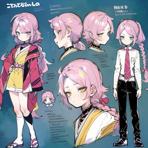 (character design sheet, same character, front, side, back), 2d anime style, anime mo art style, asexual, pink hair, long bangs,...