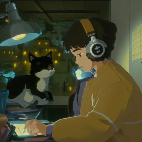 anime character boy sitting at a desk with a laptop and a fluffy toy, lofi artstyle, style in ghibli anime, screenshot from the anime film, animated film still, anime movie screenshot, animated film, miyazakis animated film, in the studio ghibli anime film...