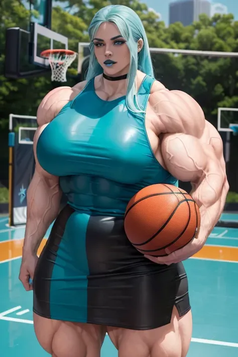 (((((Massive, tall, beautiful, pale white skinned, buff, muscular woman with cyan hair, black lipstick, ginormous bulky muscles, bouncing a basketball and wearing a leather cyan basketball Jersey dress))))), (close view), (massive muscle), massive biceps, ...