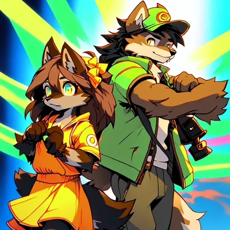 (wolf boy) (wolf girl) (10-year-old (female black wolf child), (bright green eyes), ((black fur, extremely long black hair))) (11-year-old (boy brown wolf child), (bright gold eyes), ((brown fur, short messy brown hair))) ((wolf girl yellow dress, newsboy-...