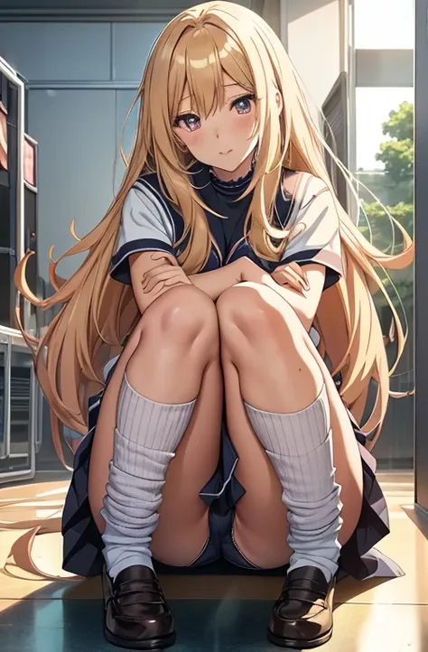 anime girl sitting on the floor with her legs crossed, seductive anime girl, beautiful anime high school girl, beautiful anime girl squatting, smooth anime cg art, a hyperrealistic , anime girl, anime girl with long hair, the anime girl is crouching, cute ...