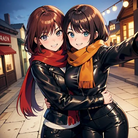 selfie of two cute young women in black leather jackets, pants, different eyecolor, one girl with red hair and one girl with brown hair, smile, beautiful, blushing, one girl with scarf, only one scarf in picture, hugging, town_in_background, high resolutio...