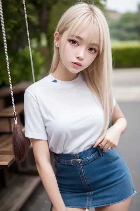 External light、Swinging bangs、Bangs care、Bobcut、、hair care、The ultimate beauty of 16 years old、mini skirt、Glossy white skin、Sexy and very beautiful、A very cute face with ultimate beauty、Platinum Blonde Hair 、Smooth and straight hair、big clear blue eyes、uni...