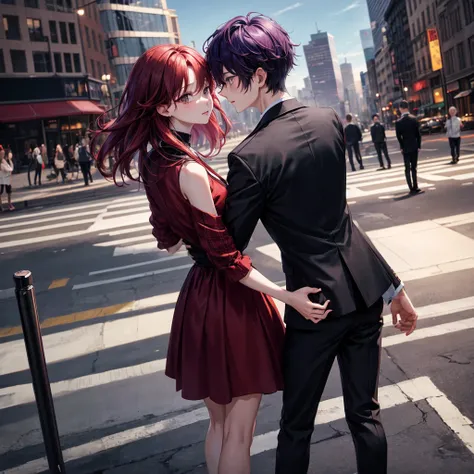 1boy 1girl cuddeling each other, short purple hair boy, long red hair girl, brown eyes, wearing all black suit together, city, absurdres, high res, ultrasharp, 8K, masterpiece, looking from  the back