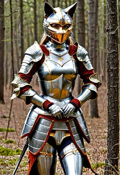 a humanoid fox woman using a middle ages templier armor.
the helmet of the armor has the shape of a bucket and a viewfinder in f...