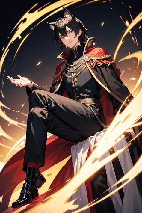 ((best quality)), ((masterpiece)), (detailed), perfect face anime style, Adult man looking about 36 with black hair and black wolf ears and black wolf tail, wearing a red tunic with a white long-sleeved undershirt and black dress pants and shoes along with...