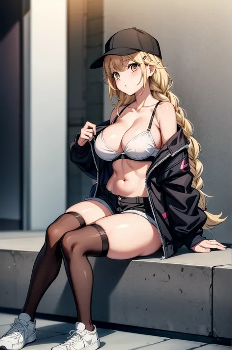 a sexy anime girl with big tits in a black and white costume, underwear, and high heel shoes, 1girl, solo, breasts, twin braids, braid, shorts, navel, hat, thighhighs, long hair, large breasts, sitting, jacket, looking at viewer, open clothes, white footwe...