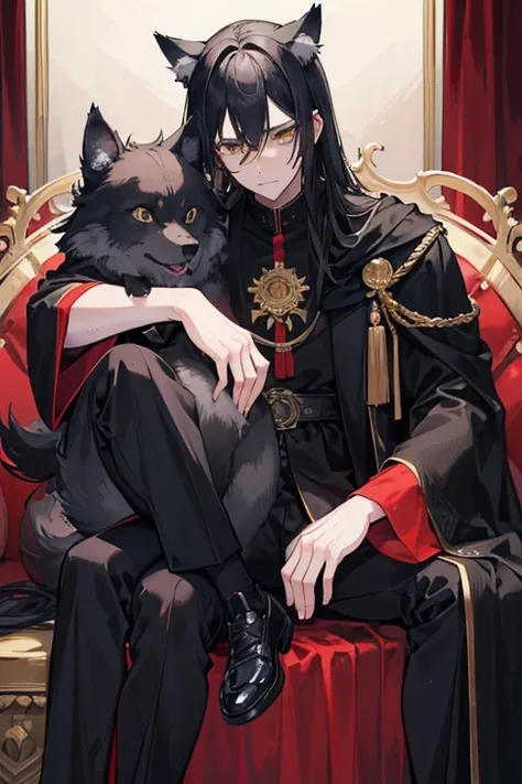 ((best quality)), ((masterpiece)), (detailed), perfect face anime style, Adult man looking about 36 with black hair and black wolf ears and black wolf tail, wearing a red tunic with a white long-sleeved undershirt and black dress pants and shoes along with...