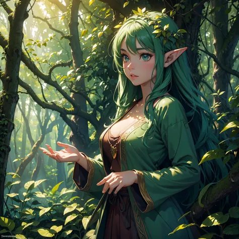 (forest elf:1.1),(female:1.1),colorful tangled hair,olive skin,cautiously stalking the viewer,peeking from around trees,peeking ...