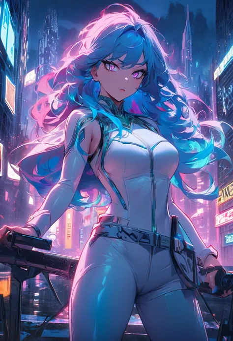 Create an anime-style Boku no hero academia digital art of a female superhero with a cityscape as a background.. The heroine should have bold and dramatic features, long sky blue hair and lilac eyes.., wearing a tight-fitting white hero suit with elegant d...