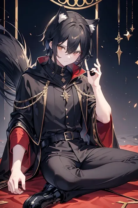 ((best quality)), ((masterpiece)), (detailed), perfect face anime style, full body portrait, Adult man looking about 36 with black hair and black wolf ears and black wolf tail, wearing a red tunic with a white long-sleeved undershirt and black dress pants ...