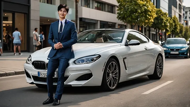 ((White BMW840I parked on the street))A young handsome Japanese man。Wearing a black suit. White shirt、Japanese man wearing light blue tie，Age 28.Height 182 cm)、with a smile on face.Standing against the hood of a white BMW840I.Cross your hands on your chest...