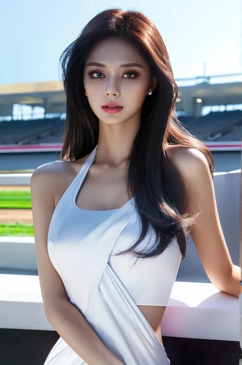 Tzuyu 1, woman, (Realistic), (Hyperrealism), (photoRealistic), Depth of written boundary, eye make up:0.7 (whole body:1.2), (Large Bust),(Tight waist), Watching the audience,In the pits at the racing track, Race Queen, Sexy dress with open shoulders and ch...