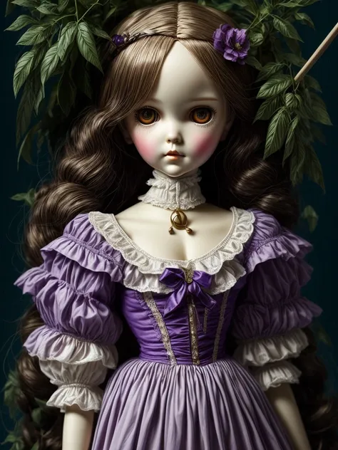 a victorian doll, professional ominous concept art, open eyes, sheer lilac, purple corallite, up forest green, peppermint bar un...