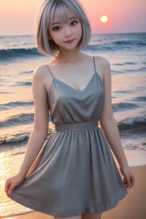 one girl、cute face、ash gray hair、bobbed hair、short hair、Camera gaze、small breasts、An ennui look、camisole、dress、particles of light、Sunset Sea、calm sea、white sand beach、Very beautiful sunset、RAW photo、highest quality、High resolution、high resolution、master pi...