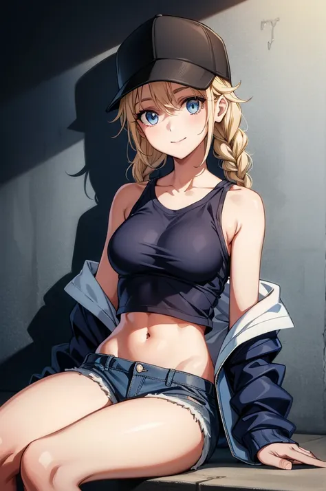 a woman sitting beside a gray wall wearing a baseball hat and sweater, 1girl, solo, shorts, hat, blonde hair, navel, crop top, twin braids, braid, jacket, blue eyes, off shoulder, long hair, smile, baseball cap, looking at viewer, shirt, midriff, black hea...