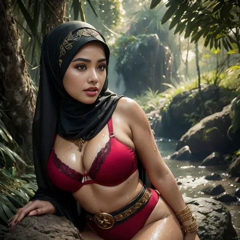 (((Two:2 hijab girls group gorgeous with big breasts, big breasts, big breasts, two:2 MAPAY women in lingerie posing for a picture in a jungle, oppai, posing together in bra, MIRA FILZAH and IMAN TAYORE, red bra, all red, oppai proportions, sexy :8, 4k))),...