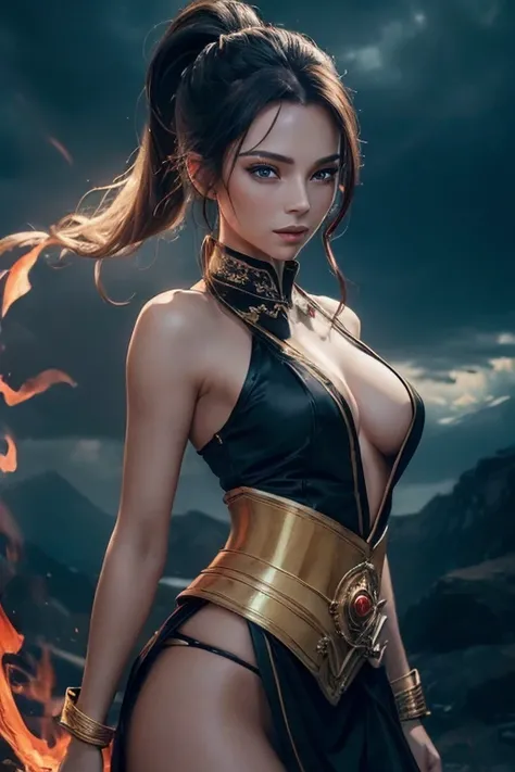 (master piece:1.8), (best quality:1.8), (exquisite lighting and shadow, highly dramatic picture, cinematic lens effect) 8k, wallpaper, looking at the viewer, open arms, female ponytail gold hair thin and short fantasy witch wearing a smooth and futuristic ...