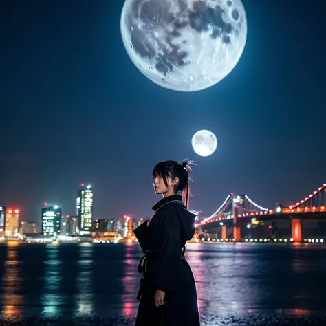 city,ninja girl,japan,moon,sea,cyber,eastend