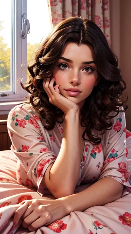 1girl, floral print, curtains, solo, window, wavy hair, long hair, bed, head rest, lips, open window, indoors, print dress, blanket, looking at viewer, dark hair, bed sheet, curly hair, on bed, shirt, hand on own face