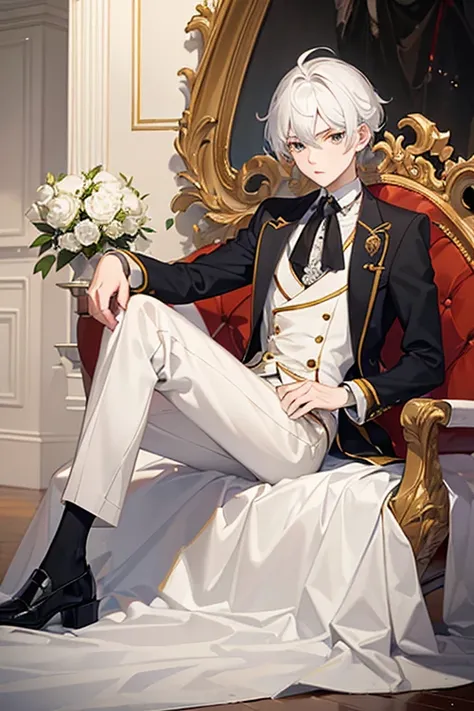 ((best quality)), ((masterpiece)), (detailed), perfect face anime style, full body portrait, 16 year old school boy with white hair, amber eyes, and a prince-like figure/stature about him.