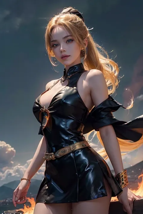 (master piece:1.8), (best quality:1.8), (exquisite lighting and shadow, highly dramatic picture, cinematic lens effect) 8k, wallpaper, looking at the viewer, open arms, female ponytail yellow gold hair thin and short fantasy witch wearing a smooth and futu...