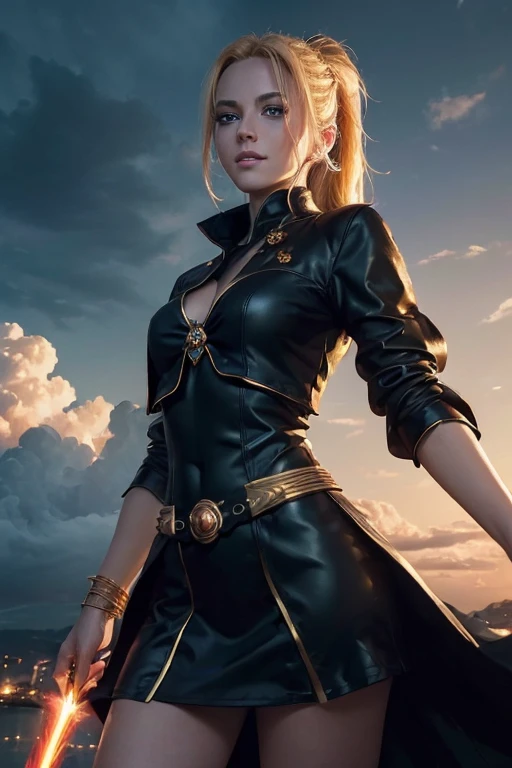 (master piece:1.8), (best quality:1.8), (exquisite lighting and shadow, highly dramatic picture, cinematic lens effect) 8k, wallpaper, looking at the viewer, open arms, female ponytail yellow gold hair on one side thin and short fantasy witch wearing a smo...