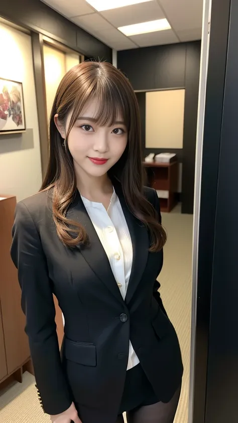 (8k、RAW Photos、highest quality、masterpiece:1.2)、(Realistic、Realistic)、detailed、Japanese、Attractive beauty、Attractive adult woman、Beautiful woman、Sharp Eye、Cool girl、Wavy Hair、Swept-apart bangs、Black business suit、pantyhose、Shining beautiful legs、lipstick、L...