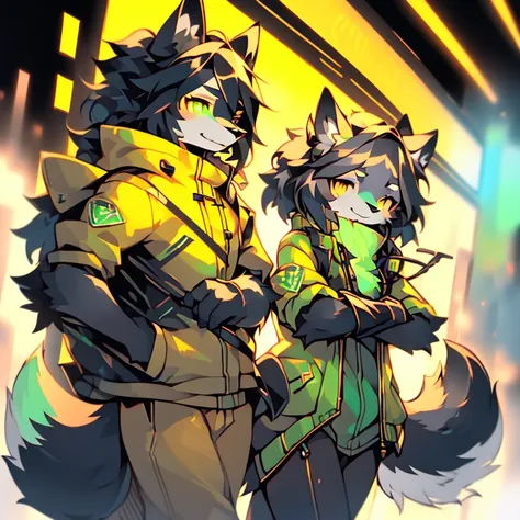 By fumiko, by hyattlen, by hioshiru, duo, sfw, (wolf boy) (wolf girl) (10-year-old (female black wolf child), (bright green eyes), ((black fur, extremely long black hair))) (11-year-old (boy brown wolf child), (bright gold eyes), ((brown fur, short messy b...