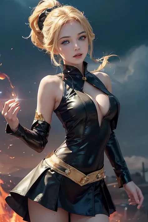 (master piece:1.8), (best quality:1.8), (exquisite lighting and shadow, highly dramatic picture, cinematic lens effect) 8k, wallpaper, looking at the viewer, open arms, female ponytail yellow gold hair on one side thin and short fantasy witch wearing a smo...