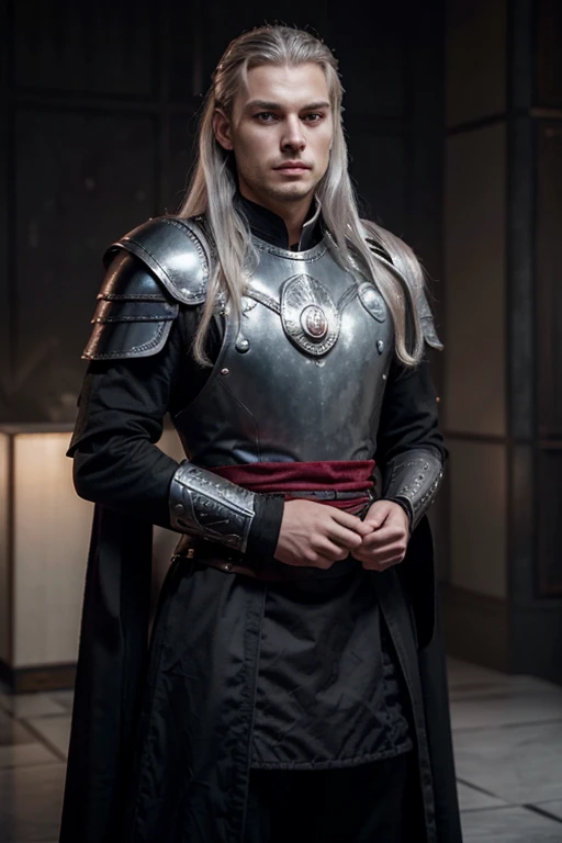 Make an image of Rhaegar Targaryen. The Rhaegar has deep purple colored eyes. He has long, elegant fingers and is tall. Rhaegars hair is silver-blond. He wears night-black coloured plate armor, with a red three-headed dragon on it.