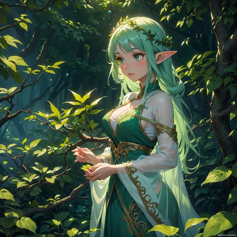 (best quality,highres), a forest elf (female, colorful tangled hair, olive skin) is (gently,calmly) stalking the viewer, peeking...