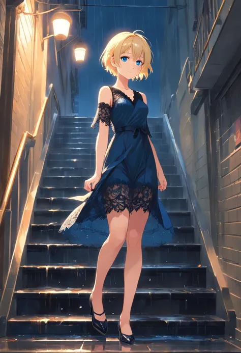 17 years old Women, ((Blonde)), ((Blue eyes)), ((Short hair)), ((Full Body)), black lace dress with bare arms and v-neckline to the waist, backless, black high heeels, standing in stairs, raining, wet floor