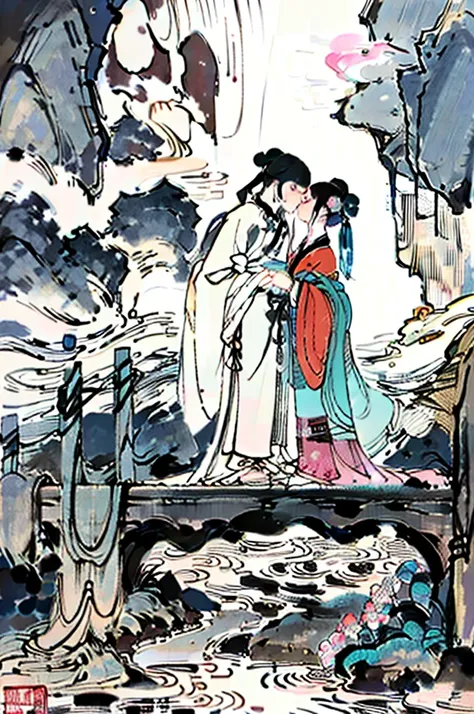 chinese ink painting,peak,flowing water,small bridge,,1 man 1 woman，kiss，互相kiss