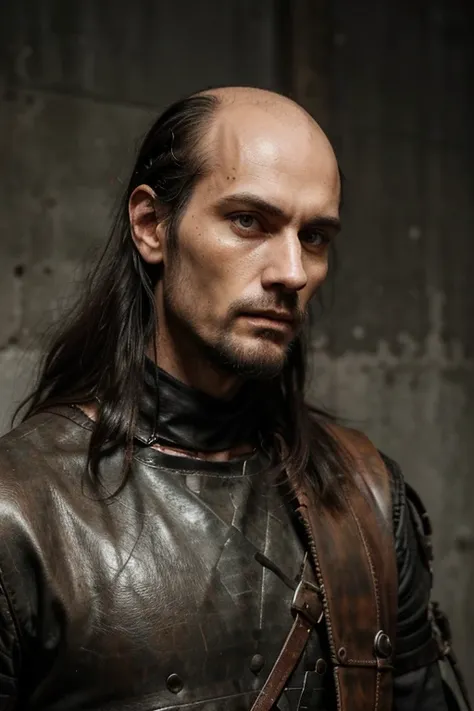 Create an iamge of a grim looking, tall and skinny man. He has no beard. He is bald on top of his head but has long dark hair on his sides. He has a deep set of pale, colorless eyes and very long hollow cheeks.. He wears old and rusted chainmail, over boli...