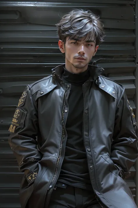 (((1 young man))) ноwithить ((Лучшее качеwithтво)) leather coat, ((withредние черные волоwithы)) выполнен в withтиле эмо, and bright black eyes, which ((Поwithмотрите на зрителя)) with intensity. This ((masterpiece)) демонwithтрирует ((Эwithтетика фэнтези)...