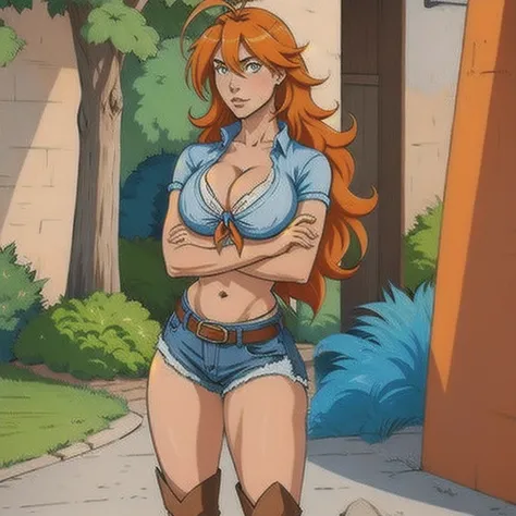 (masterpiece, best quality:1.2), 1girl, solo, denim shorts, boots, midriff, large breasts, cleavage, front-tie top, tied shirt, belt, underwear, orange hair, long hair, navel, ahoge, breasts, traditional media, shorts, crossed arms, standing 