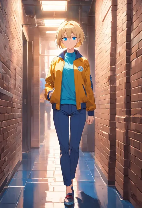 17 years old Women, ((Blonde)), ((Blue eyes)), ((Short hair)), ((Full Body)), jacket open in front, without bras and baggy pants, with high heels, hand on waist, standing y front if a brick wall wet floor