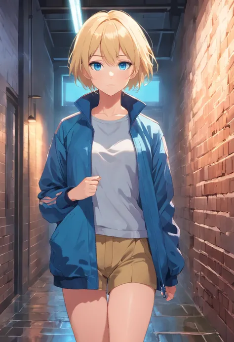 17 years old Women, ((Blonde)), ((Blue eyes)), ((Short hair)), ((Full Body)), jacket open in front, without bras and baggy pants, with high heels, hand on waist, standing y front if a brick wall wet floor