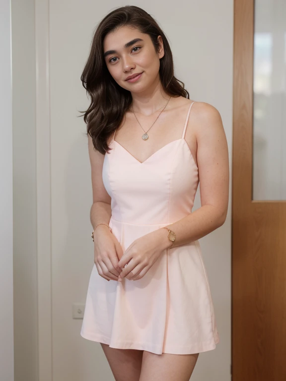 25 years old 160cm 55kg, wear  short sundress, medium wavy hair, . Bright face. Office suit, ear. N. Closed outfit. Necklace, bracelet, shy smile, roundface, white dkin, glowing face, blush, 