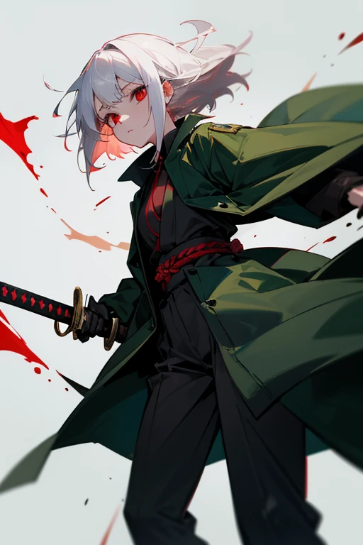 He was wearing a dark green coat and trousers.、A 14-year-old girl with red eyes and white hair, holding a Japanese sword、There is blood in my hair、They even kill people.。